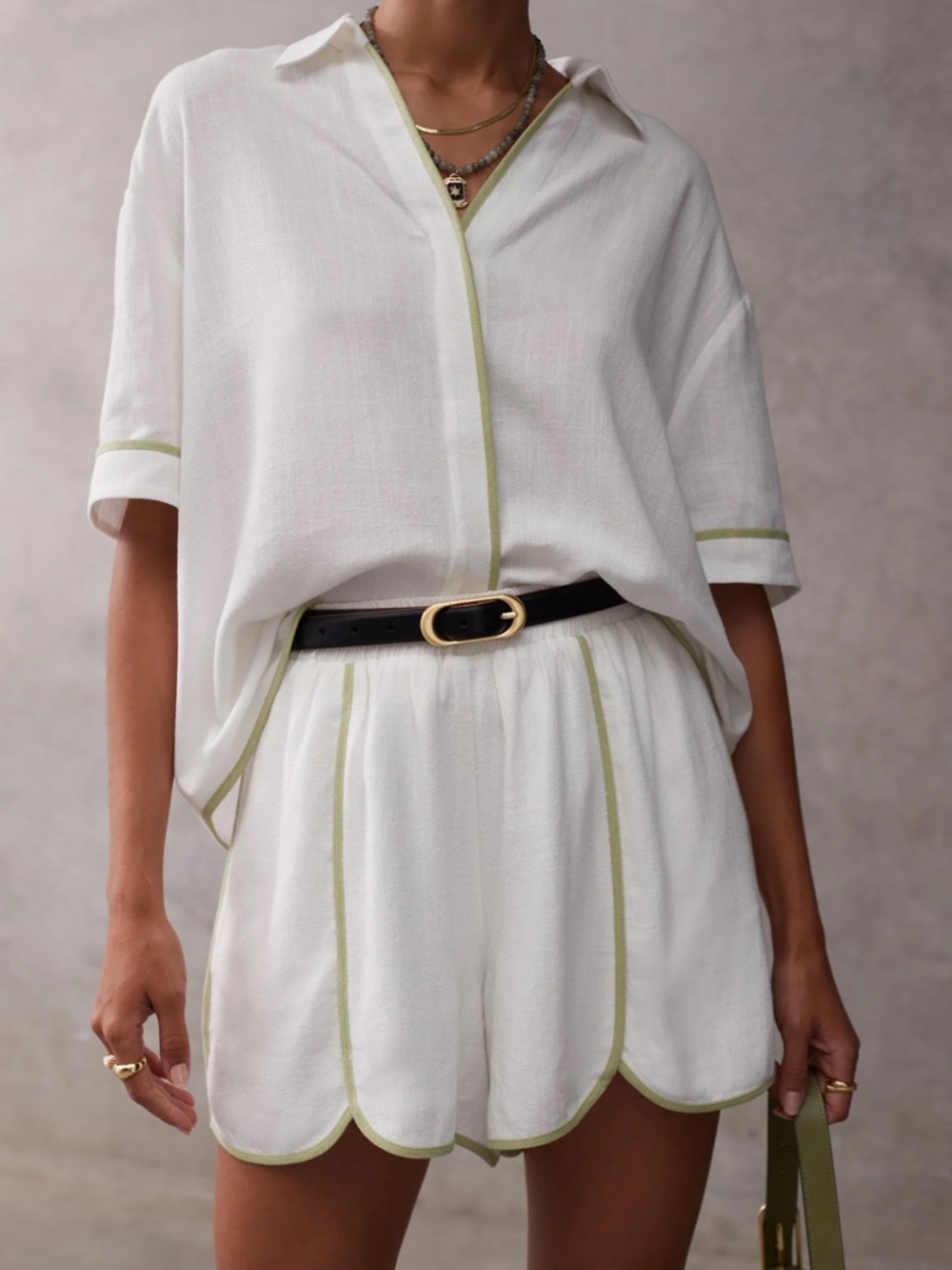 SANCIA High Waist Scalloped Hem Shorts in White with Olive Trim